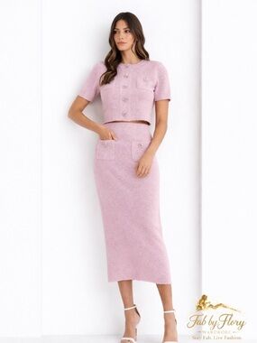 Mable Soft Pink Knit Two-Piece Set with Rhinestone Buttons